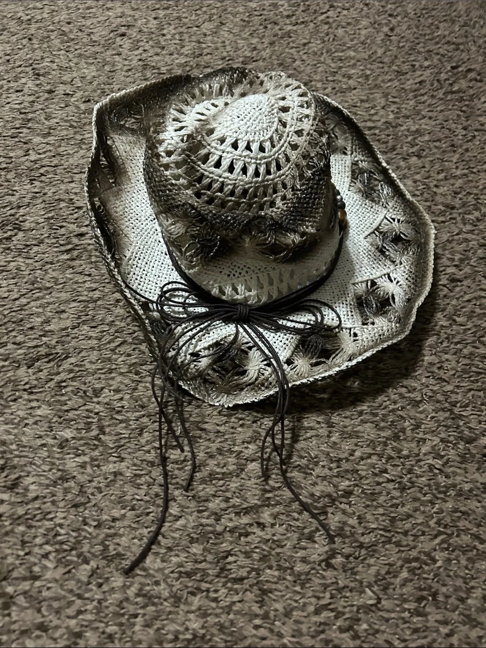 Woven Straw Cowgirl Hat with Turquoise Bead Band - Cream & Brown - Picture 2 of 3